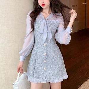 Casual Dresses Women Ribbon Bow Single-breasted Long Sleeve Party Dress Spring Vintage Sexy See-through Chiffon Patchwork Tweed Mini