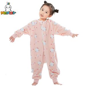 Michley Pink Cat Flanell Baby Kid Sleeping Bag Sack Winter Sleepwear Söt tecknad bodysuit Sleepsack Pyjamas With Feet Boys Girl 240112