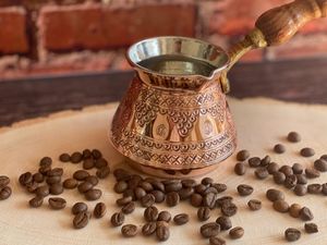 وعاء القهوة النحاسي التركي المصنوع يدويًا ، وعاء القهوة التركي-أرابك-المورق ، صانع القهوة ، Cezve ، Briki ، صانع القهوة