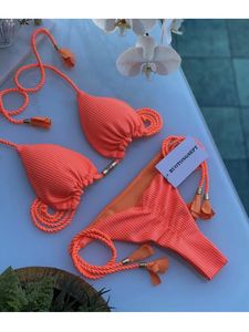 Praia ensolarada tecido especial cor sólida sexy biquíni feminino maiô brasileiro push-up sutiã conjunto de biquíni duas peças beachwear 240113