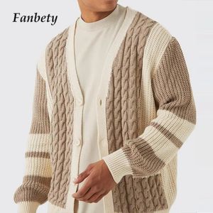 Autumn Contrast Color Mens Knitted Cardigan Casual V Neck Singlebreasted Sweater Coat Fashion Long Sleeve Twist Pocket Jackets 240113