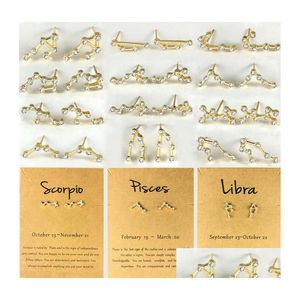 Kvinnor 12 Constellations Metal Diamonds Crystal Stud örhängen Sier Gold Zodiac Sign Earring Jewelry with Present Card Drop Delivery Otoef