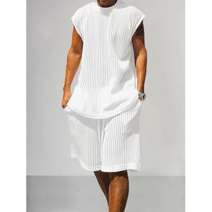 Men Casual Fashion Sports Knit Set Sexy Sleeveless Vest Hip Hop Ocollar Tank TopsShorts Two Piece Suit For Clothes Outfits 240112