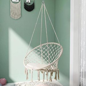 Camp Furniture 2024 Nordic Garden Swing Cotton Rope Hammock Hanging Chair Handmade Knitted Indoor Outdoor Kids Bed