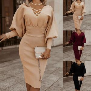 Casual Dresses 2024 Autumn Deep V-Neck Long Sleeve Tight Dress Sexy Hollow Mini Women'S Nightclub Wrap Hip Fold Fashion