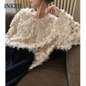 Luxury Women's Sequins Feather tops Champagne color Spring Elegant Party O-neck long sleeve blouse Female shirt INKEO 3T005 240112