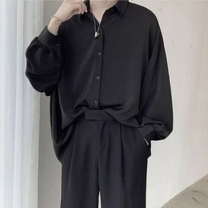 Schwarze langärmelige Hemden für Männer, koreanische, bequeme Blusen, lässiges, lockeres, einreihiges Hemd mit Krawatte 240112
