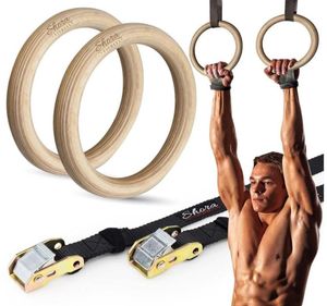 Trägymnastiska ringar 2832mm Birch Wood Portable återanvändbara gymnastikringar med justerbara numrerade remmar för gymstyrka TRAI4898095