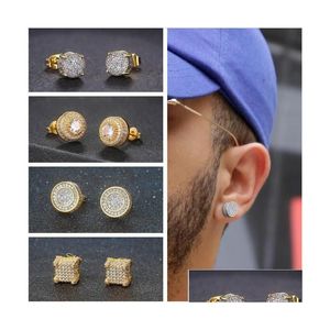 Stud Mens Hip Hop Iced Out Bling Cz Stud Earrings Geometric Square Round Gold Color Micro Pave Cubic Zircon Studs Earring For Men Wom Dhv1W