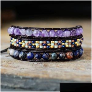 Beaded Cool Black Leather Wrap Bracelets W/ Natural Stone Triple Statement Strand Bracelet Bijoux Femme Bohemian Beads Jewelry Y20073 Dhiyx