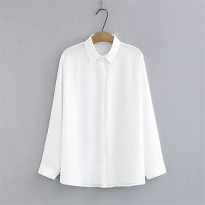 Белая рубашка больших размеров, весенне-осенняя шифоновая блузка для женщин, модные однотонные свободные короткие топы из ледяного шелка с длинными рукавами 240112