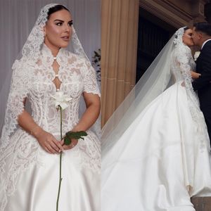 Klassisches Spitze-A-Linie-Hochzeitskleid, weich, sexy, V-Ausschnitt, kurze Ärmel, Ballkleid, Übergröße, Pinselschleppe, Brautkleider, Kleid, Vestido de Novia, Größe angepasst, D-H23918