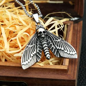 Punk Retro Death Head Skull Butterfly Moth Pendant Necklace For Men Boys 14K White Gold Chain Fashion Amulet Jewelry