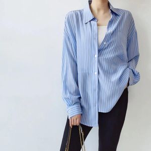 Blusas femininas estilo requintado francês azul e branco listrado impresso camisa de manga comprida botão para baixo solto amoreira seda feminina topos