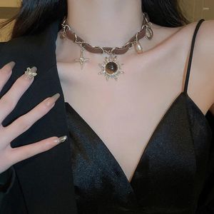 Choker Punk Rhinestone Sun Cross Star Pendant Leather Rope Necklace For Women Temperament Jewelry