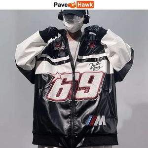 Bombe PU Jacket Men Flocking Embroidery Leather Y2k Vintage Varsity Jackets Racing Oversize Patchwork Baseball Jackets Unisex 240112