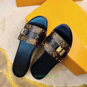 Luxury open toe new button flat slippers fashion floral slipper designers genuine leather sandals summer women casual classic old flower slides