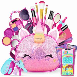 Beauty Fashion Kids Makeup Kit for Girls Pretend Makeup Play Set with Unicorn Cosmetic Bag Kids Dress Up Purse Little Girls Toys Colour Randvaiduryc