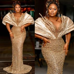 Champagne Aso Ebi Prom Dresses for Special Occasions Plus Size Illusion Tulle Mermaid Pearls Sequined Lace Formal Evening Dresses Elegant Engagement Dress NL539