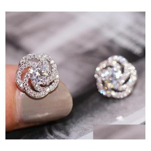 925 Sterling Sier Stud taglio rotondo topazio bianco diamante cz pietre preziose donne matrimonio fiore rosa orecchino regalo consegna di goccia Otjfc