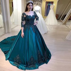 3/4 Mörkgrön långa ärmar Prom Scoop Evening Formal Dresses Ball Gown Party Dress Vestido de Formatura Yd