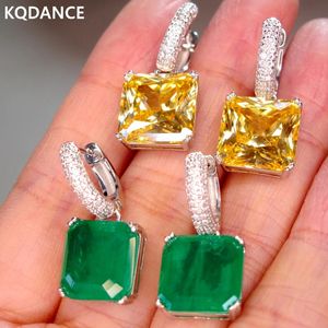 KQDANCE 925 Sterling Silver with 12mm Square Black Pink Yellow Red Blue Green Stone Lab Diamond Ruby Emerald Drop Earrings Women 240113