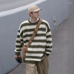 Men's Sweaters Japanese Thickened O-neck Striped Knitted Sweater Winter Retro Vintage Causal Loose High Street Male Clothes
