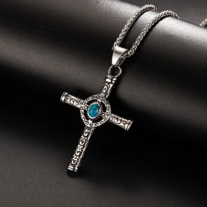 Vintage Cross Pendant Necklace 14K White Gold Punk Turquoise Stone Necklace Jewelry for Men Women