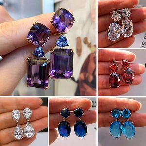 Orecchini pendenti Moda Colore oro Pietra geometrica Viola Blu Riempito di vetro Orecchino a bottone per donne Ragazze Regalo di gioielli da sposa