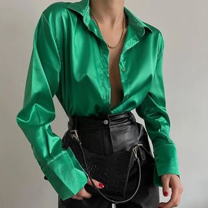 Autumn Shirt Women's Polo Collar Office Lady blouse Vintage Blue Green Shirt Loose Button Up Down Shirts Black Fashion Tops 240112