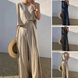 Women's Two Piece Pants 2 Pcs/Set Women Vest Set Solid Color Round Neck Sleeveless High Waist Straight Commute Wide Leg Loose Plus Size T-sh