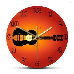 Wall Clocks Guitar Island Landscape at Sunset Artwork Decorative Clock Reflection Music Home Decor Silent