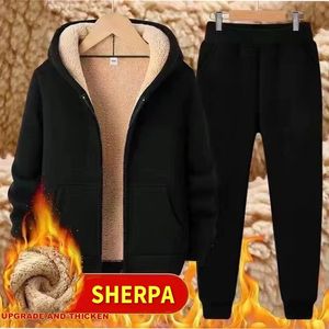 Tuta da uomo in lana e cashmere Set da uomo con cappuccio Set invernale spesso casual da esterno in agnello con cappuccio abbigliamento sportivo abiti maschili in due pezzi 240112