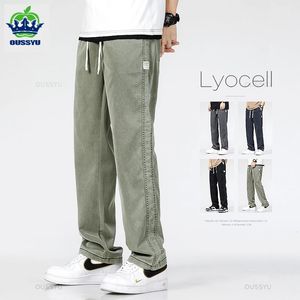 Lyocell Jeans Erkekler Sonbahar Kış Kış Kalın Günlük Elastik Moda Denim Pantolon Erkek Marka Gevşek Düz Ordu Green Pants Büyük Boyut 240112