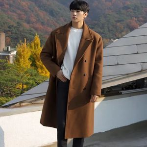 Весеннее пальто средней длины, мужские модные шерстяные плащи, корейские свободные повседневные двубортные куртки 240113