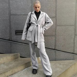 Women's Two Piece Pants 2024 Autumn Winter Woolen Suit Women Trendy Streetwear Solid Outerwear And 2 Pieces Sets Grey Office Lady Trousers