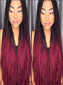 Lång handgjorda lådor flätor peruk mikro flätan spets fram peruk ombre röd syntetisk flätning hår peruk för Afrika svarta kvinnor8421777