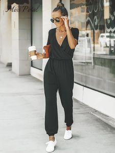 Fröken Petal Vneck Short Sleeve Jumpsuit för Woman Casual Long Jogger Pants PlaySuit Summer Overalls Bodysuits Rompers 240112