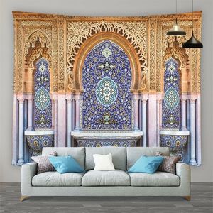 Arazzo con motivo geometrico retrò islamico, arazzo architettonico marocchino, appeso a parete, soggiorno, camera da letto, decorazione della parete di casa, schermo murale 240113