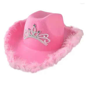 Береты в западном стиле, розовая тиара, ковбойские шляпы для женщин и девочек, свернутые шапки-федоры, пляжная ковбойская шляпа с перьями, вечерние кепки с блестками