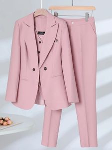 Women Fashion 3 Pieces Set Formal Blazer Vest and Pant Suit Elegant Navy Pink Apricot Office Ladies Work Career Wear 240112