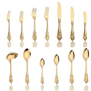 6-teiliges Vintage-Western-Goldbesteck zum Essen, Dessert, Messer, Gabel, Löffel, niedliches Set, goldenes Luxus-Geschirr, Gravur-Geschirr-Set 240113