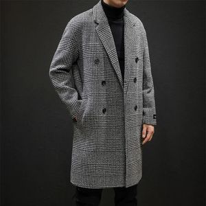 Casual duplo breasted masculino lã casaco de inverno houndstooth jaqueta masculina turndown colarinho longo casaco de vento de lã 240113