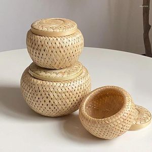 Garrafas de armazenamento pequena mini cesta com tampa lata de chá caixa de embalagem de alimentos vaso de flores presente artesanal bambu tecer dupla camada