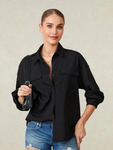 Blusas femininas wsevypo camisas pretas casuais outono primavera cor sólida manga comprida gola virada para baixo tops para trabalho diário