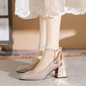 Dress Shoes Fashion Pearl Buckle Silver Wedding Pumps Women Thick Heel Mary Jean Woman Square Toe High Heels Ladies Party