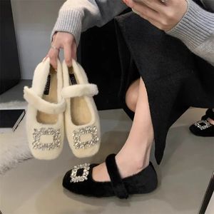 Luxury Crystal Square Buckle Fur Ballet Flats Winter Warm Plush Mary Janes Ladies Brand Design Elegant Furry Party Shoes 240112