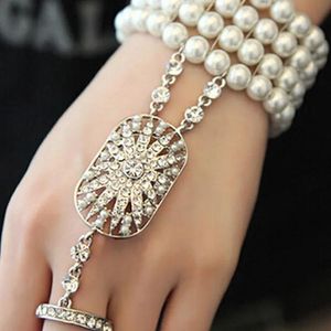 Jewelry Stretchable Pearls Bridal Bracelets with Rings 2017 The Great Gatsby Same Style Formal Party Wear Cuffs with Crystals In Stock