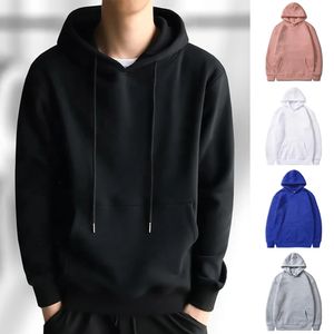 Outono e primavera roupas unissex suéter cor sólida pulôver casual bolso solto poliéster com capuz de manga comprida tops 240112