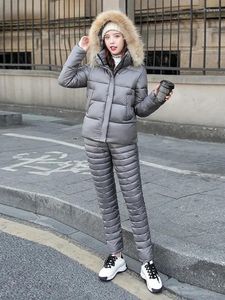 Women's Two Piece Pants Warm Thick Down Cotton 2 Sets Winter Faux Fur Collar Hooded Casual Puffy Coats Outfit Thicken Snow Wear Pencil Suits